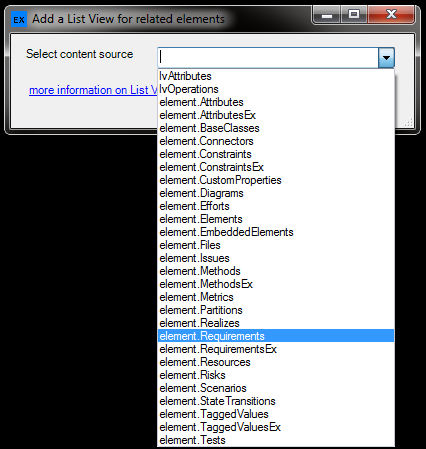 Select the required element collection or element type specific options